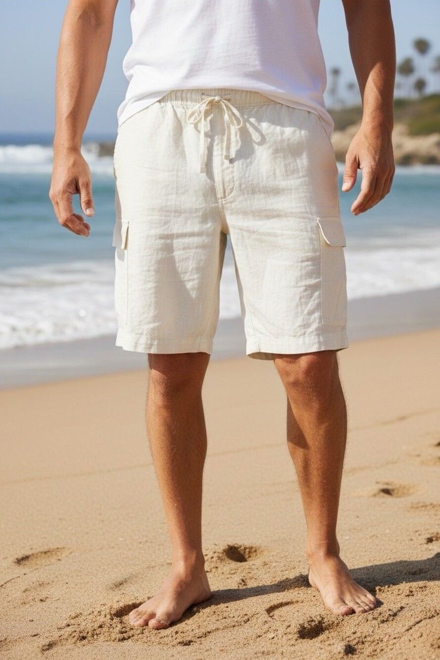 Grant Thomas 100% Linen Cargo Shorts Mens XXL Off White Cream Drawstring